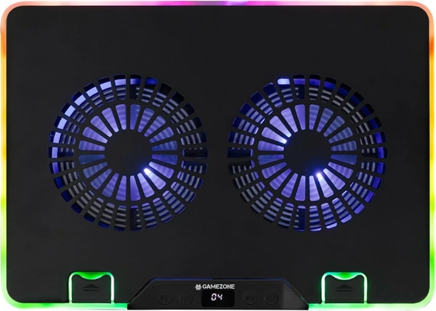 Bazë ftohëse laptopi, Tracer, GameZone Snowman PRO TRASTA47590, për 17.3 inch, 2 ventilatorë 90 mm 1350 RPM, 6 nivele rregullimi, ekran shpejtësie, RGB, 2x USB, e zezë