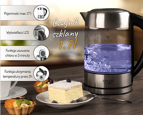 Çajnik elektrik Adler AD 1247 1.7 L kontroll temperature trup xhami inox