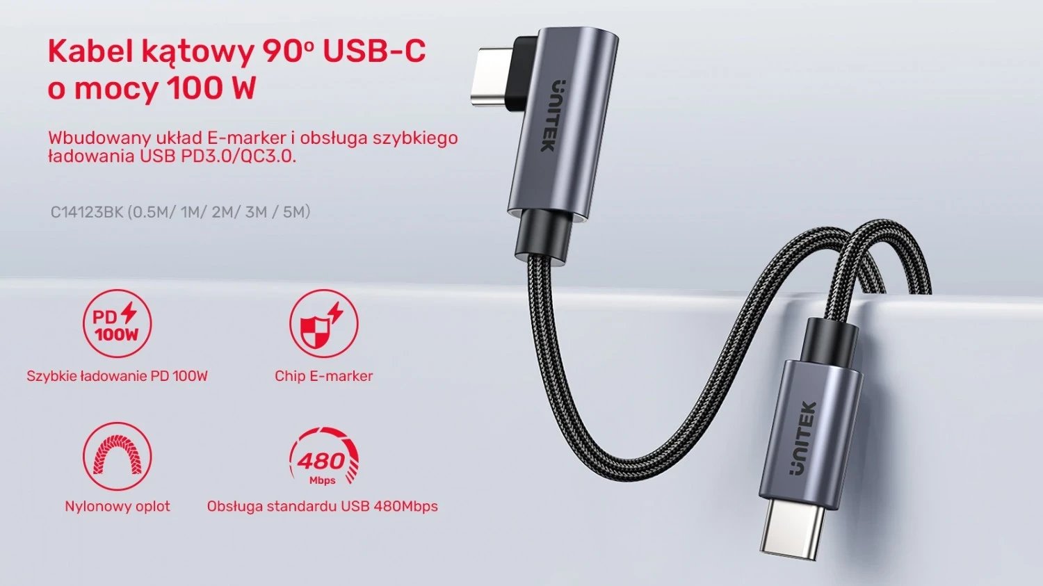 Kabëll USB-C Unitek, 90° PD100W, 1m, zi-gri Kabëll USB-C Unitek, 90° PD100W, 1m, zi-gri