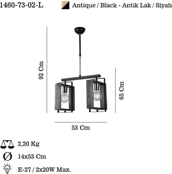 Llambë tavani Opviq, Karo - 73-02-L, metal dhe dru, ngjyrë antike dhe e zezë