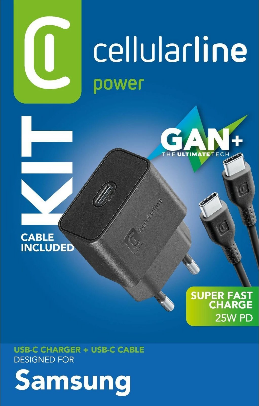 Karikues i shpejtë Cellular Line Super Fast Charger Kit 25W, USB-C në USB-C, 1m, i zi