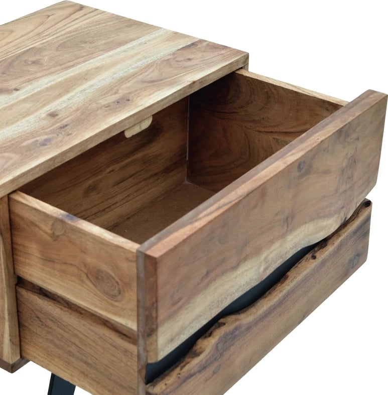 Komodinë anës krevati Imena, dru akacie natyrale, këmbë metalike të zeza, 45x35x56cm