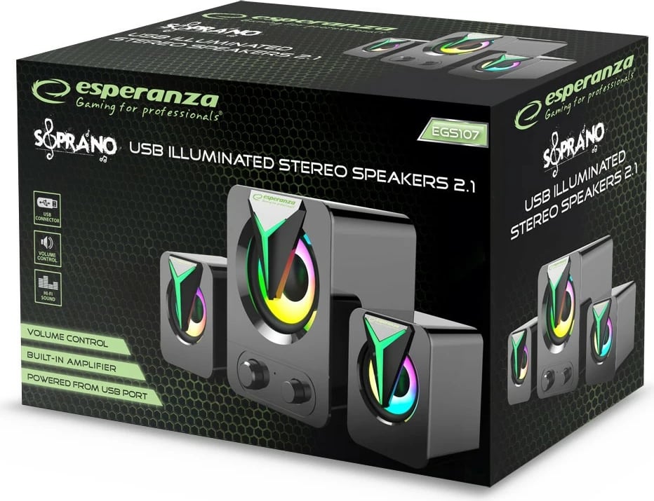 Altoparlantë kompjuteri Esperanza EGS107 2.1 me LED RGB, Zi
