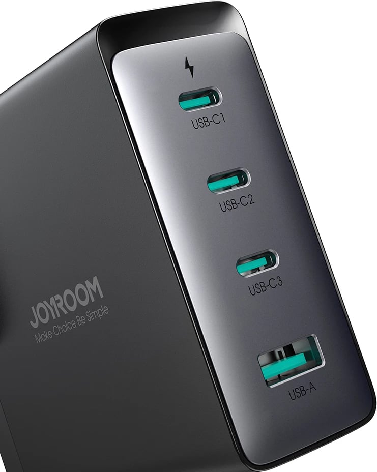 Karikues mur Joyroom JR-TCG05UK GaN, 140W, 3x USB-C, 1x USB-A, me kabllo USB-C/USB-C 240W 1.2m, i zi