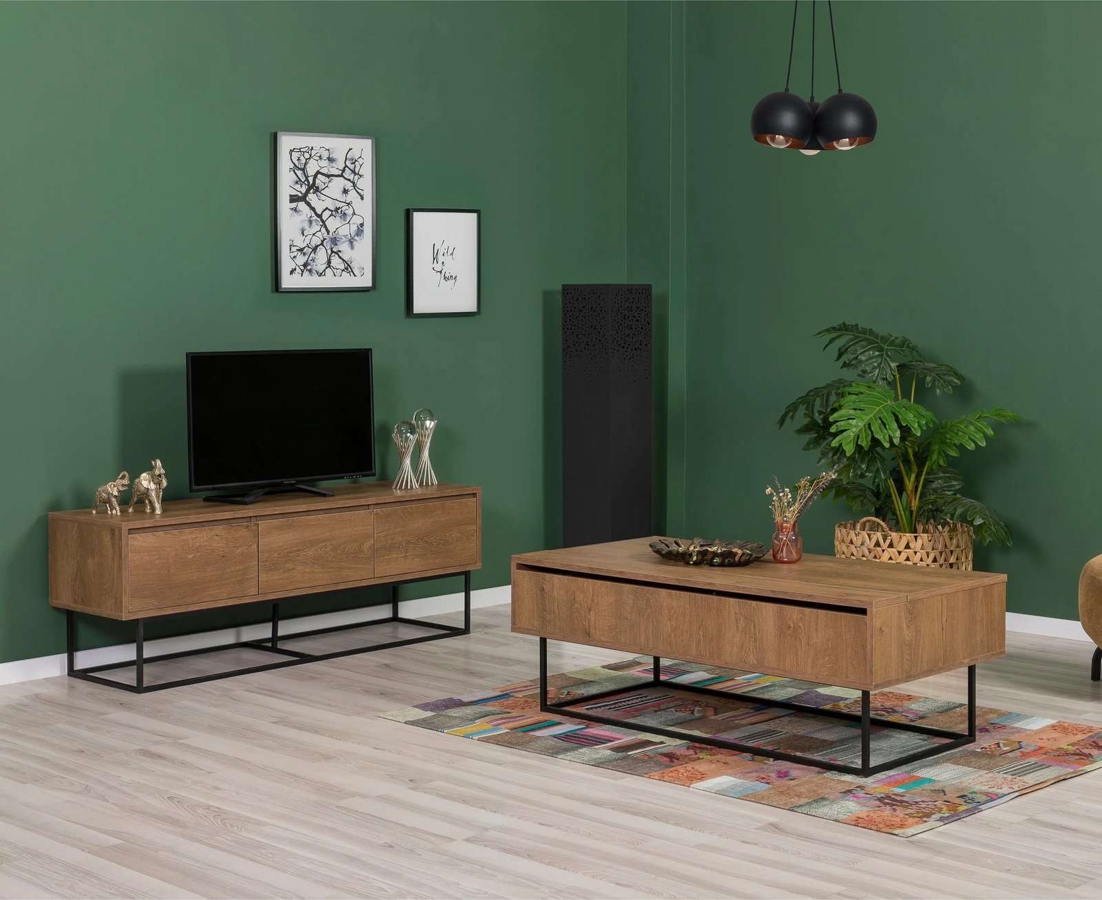 Set mobiljesh për dhomë dite, ngjyrë arre dhe e zezë, Skye Decor, Laxus Takım 18