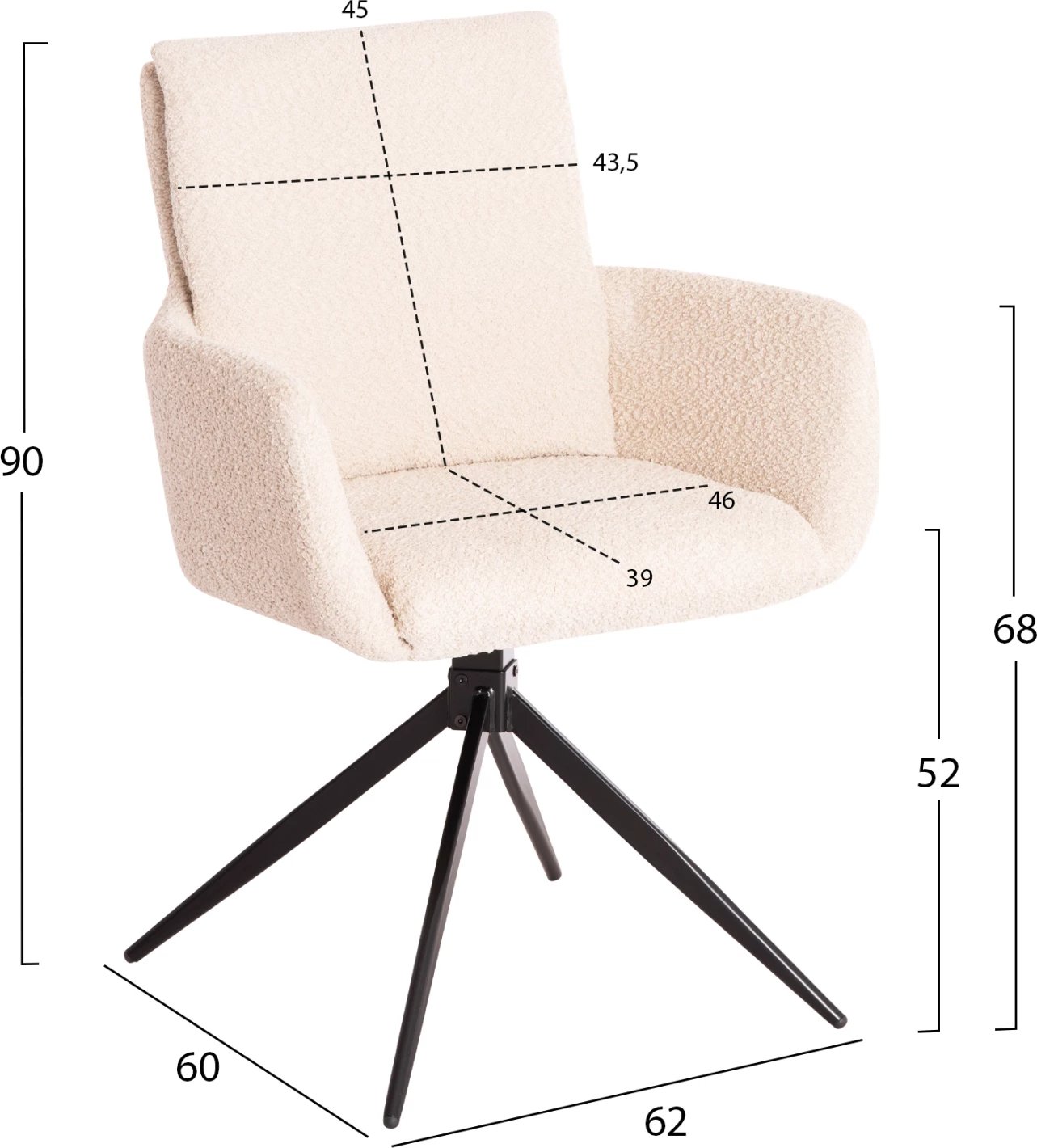 Karrige për ngrënie me krahë, rrotulluese, ngjyrë bezhë, FH9942.07, pëlhurë boucle-metal, 62x60x90H cm