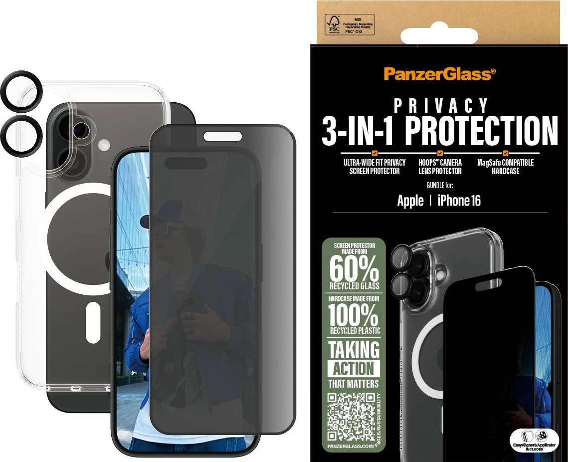 Mbështjellës PanzerGlass për iPhone 16, 3-in-1, mbrojtje privatësie, transparent