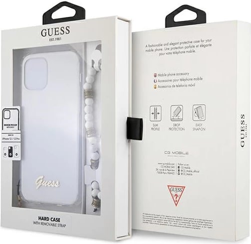 Mbështjellës Guess GUHCP12MKPSWH për iPhone 12/12 Pro 6.1", transparent me varëse perlë Mbështjellës Guess GUHCP12MKPSWH për iPhone 12/12 Pro 6.1", transparent me varëse perlë