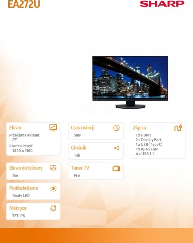 Monitor Sharp MultiSync EA272U 27", 4K UHD, USB-C, LAN, i zi