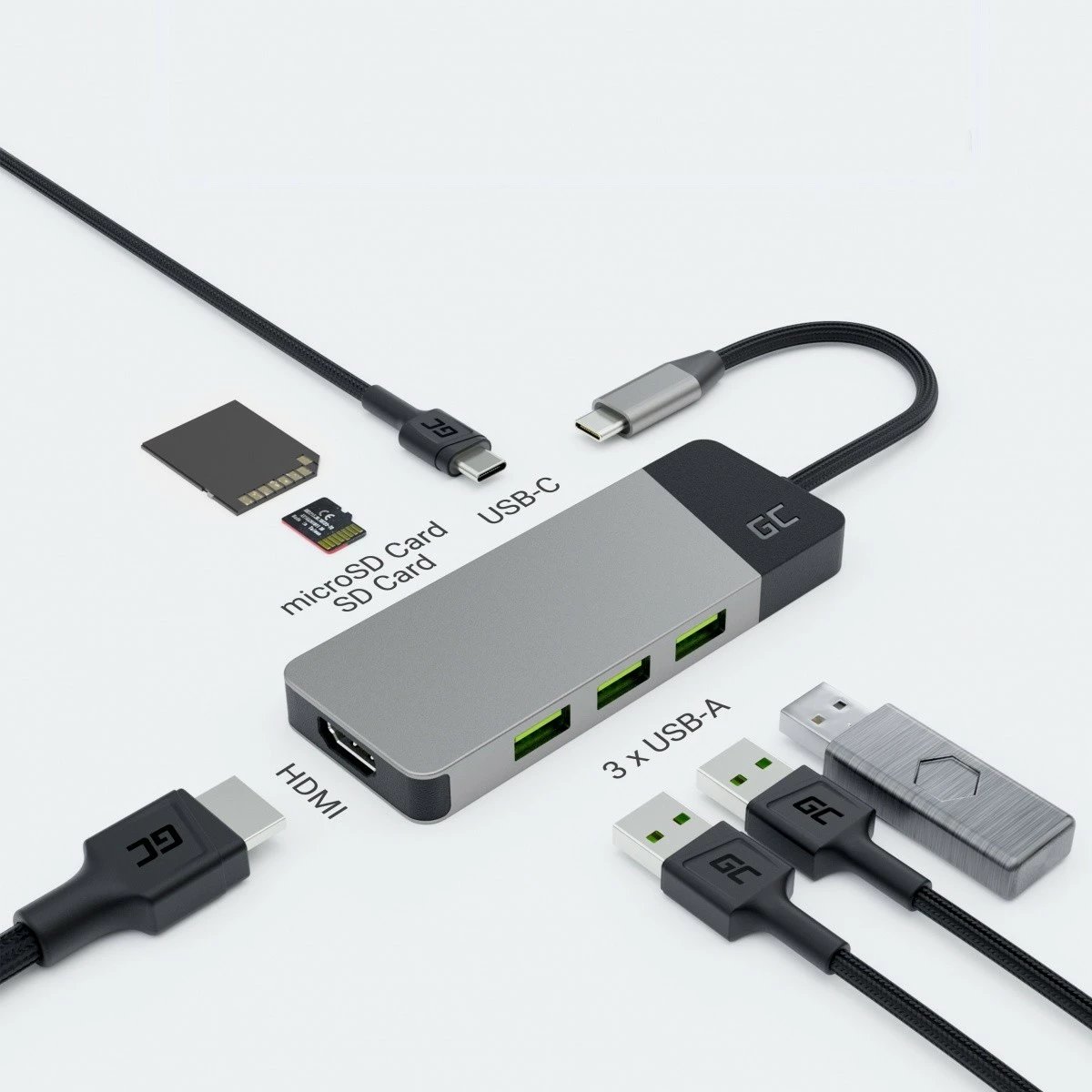 Hub adapter Green Cell HUBGC01, 3xUSB 3.1, HDMI 4K 60Hz, USB-C PD 85W, zi/argjendtë