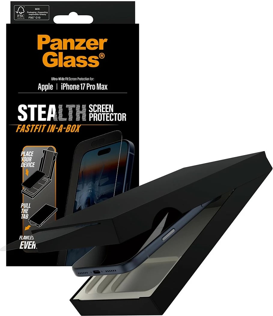 Mbrojtës ekrani PanzerGlass Stealth për iPhone 17 Pro Max, Ultra-Wide Fit, Fastfit, kornizë e zezë