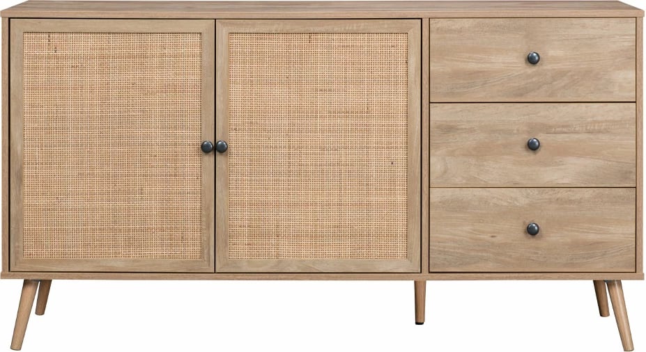 Komodë Ammos me 3 sirtarë, natyrale me ratan, 150x39x79