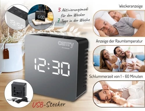 Orë alarmi Adler CR 1150, ekran LED, datë dhe temperaturë, 3 mënyra alarmi, USB + 3x AAA, e zezë