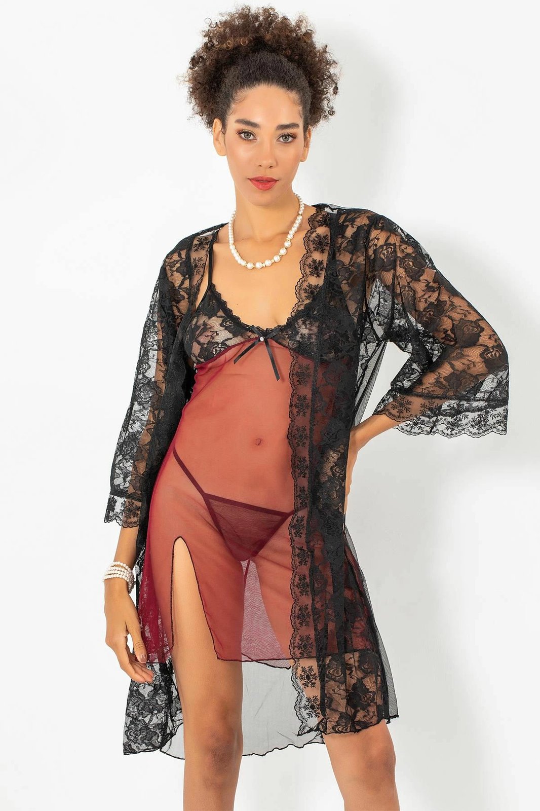 Set fustan nate me mëngjes, ngjyrë e kuqe Claret, Jumeon, 011-008004