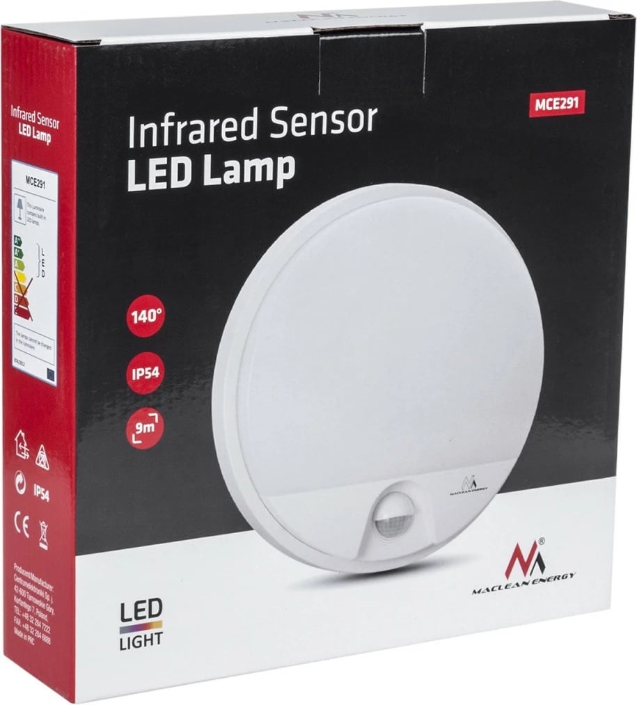 Lampë LED me sensor lëvizjeje, Maclean MCE291 W, 50/60 Hz, rreze 9 m, e bardhë