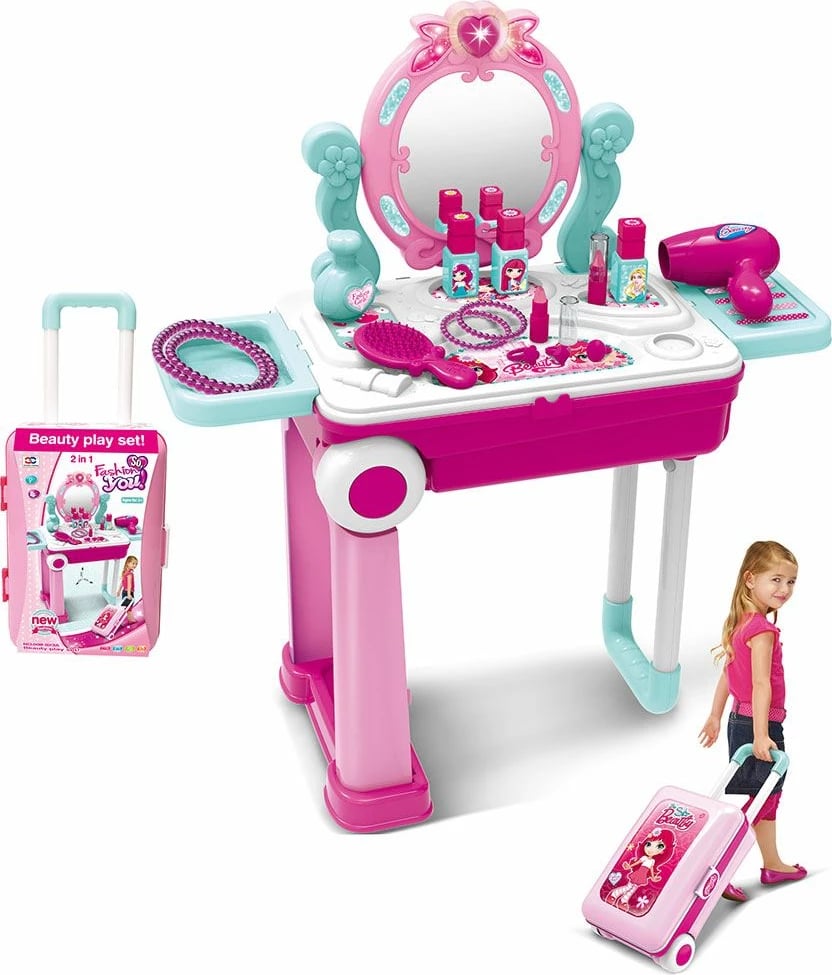 set tualeti fëmijësh 2-në-1 në valixhe, BABY MIX, me pasqyrë me dritë e tingull, aksesorë lojë, rozë