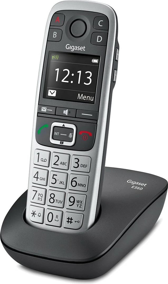 Telefon pa tela Gigaset E560, analog/DECT, 150 kontakte, regjistrues, zi/argjendtë