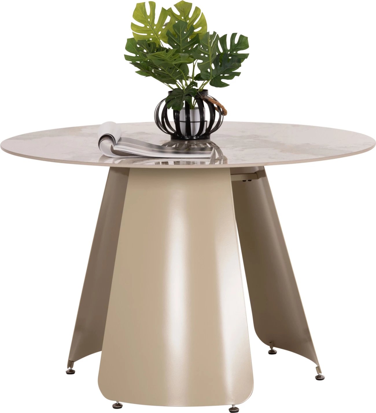 Tavolinë e rrumbullakët ngrënieje SEDAR, sipërfaqe qeramike, këmbë metalike krem të bardha, FH18326, 120x76cm