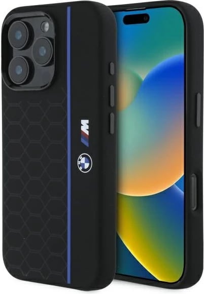 Mbështjellës BMW Silicone Hexagon Blue Line MagSafe për iPhone 16 Pro Max, Zi