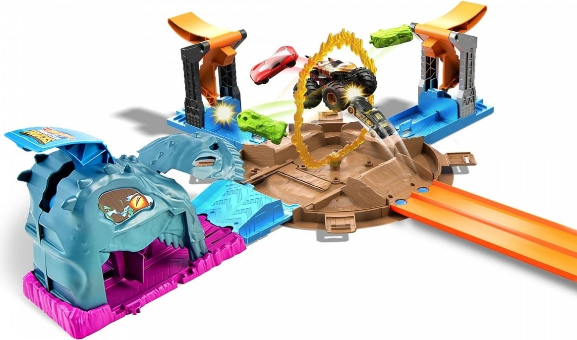 Set lodrash Hot Wheels Monster Trucks Stunt Arena Tire me makinë Tiger Shark dhe makinë Hot Wheels, zi/portokalli