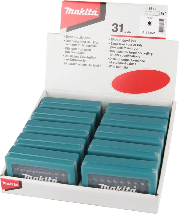 Set bitash Makita P-73352, 31 copë, me adapter, kuti plastike