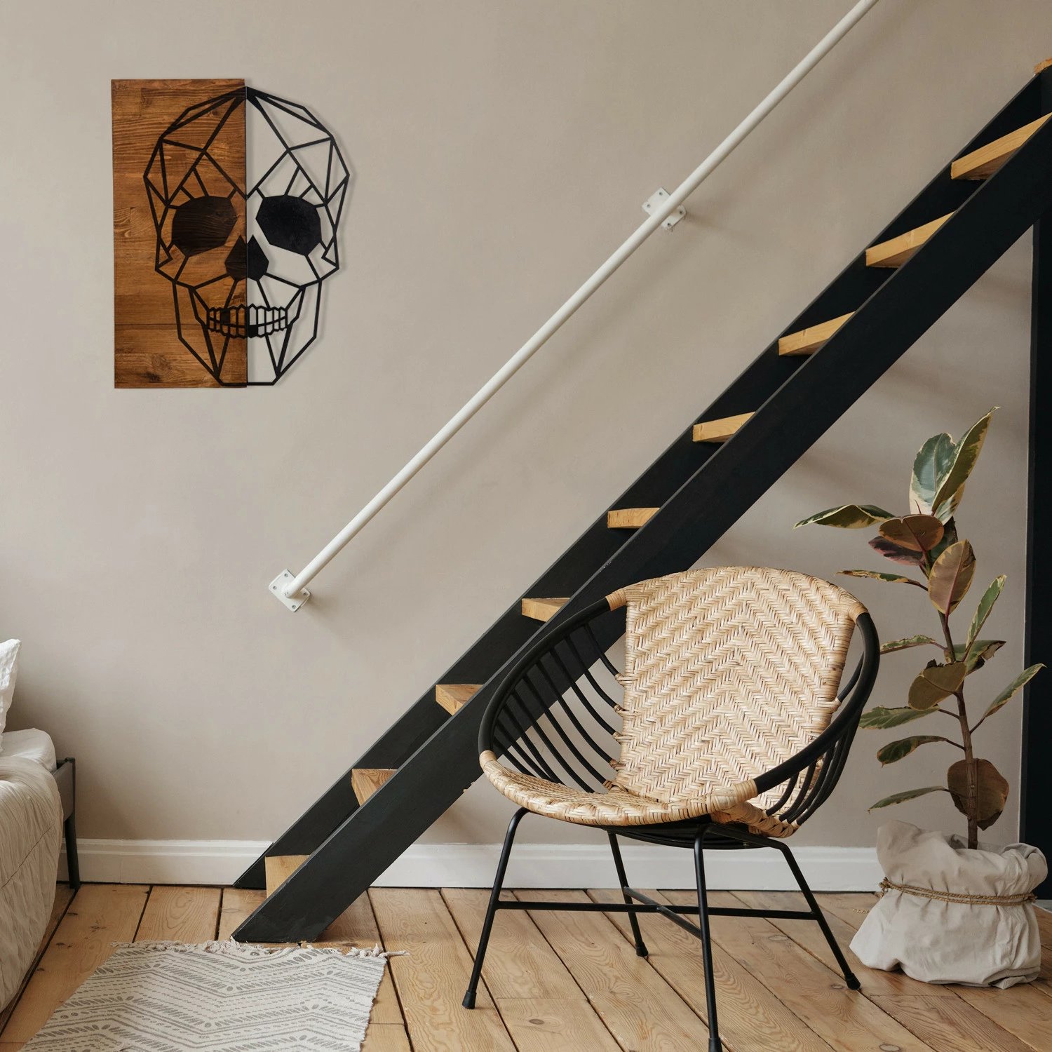 Aksesor dekorativ muri, dru dhe metal, dizajn kafke, Wallity, ngjyrë e zezë dhe arre, 44x58cm