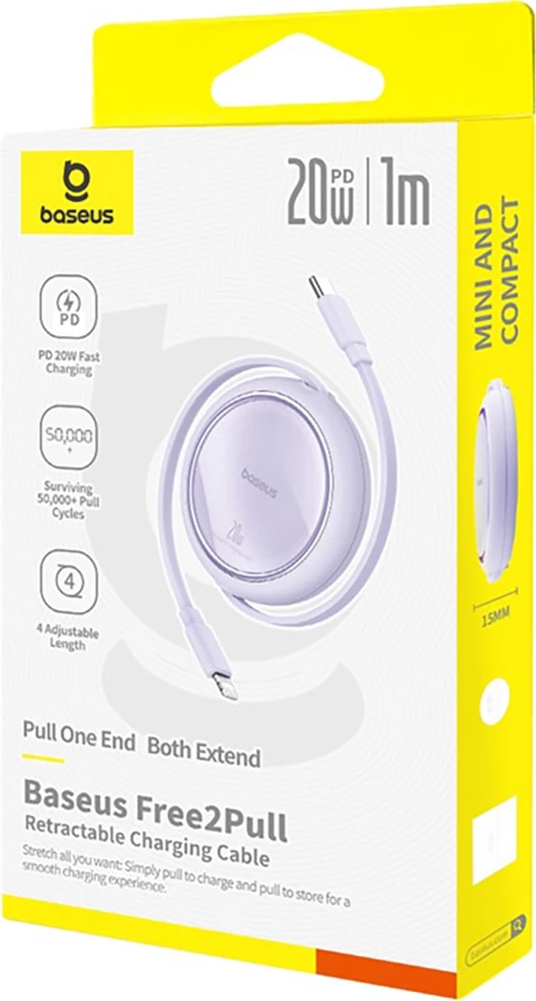 Kabllo karikimi dhe të dhënash Baseus Free2Pull, 1m, USB-C në Lightning, 20W, vjollcë