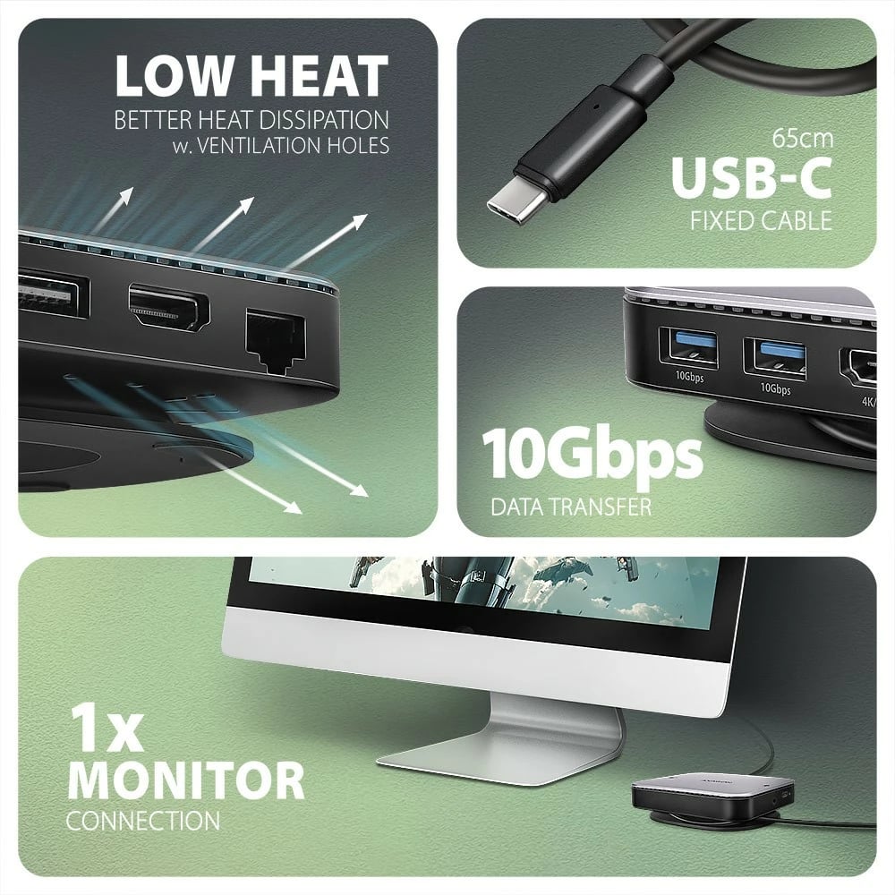 Hub multiport AXAGON HMC-UFO, 9-në-1, 10Gbps, 2x USB-A, HDMI 4K/60Hz, M.2 NVMe/SATA, audio, PD 100W, SD/microSD, GLAN, kabllo USB-C 65cm, zi/argjendtë