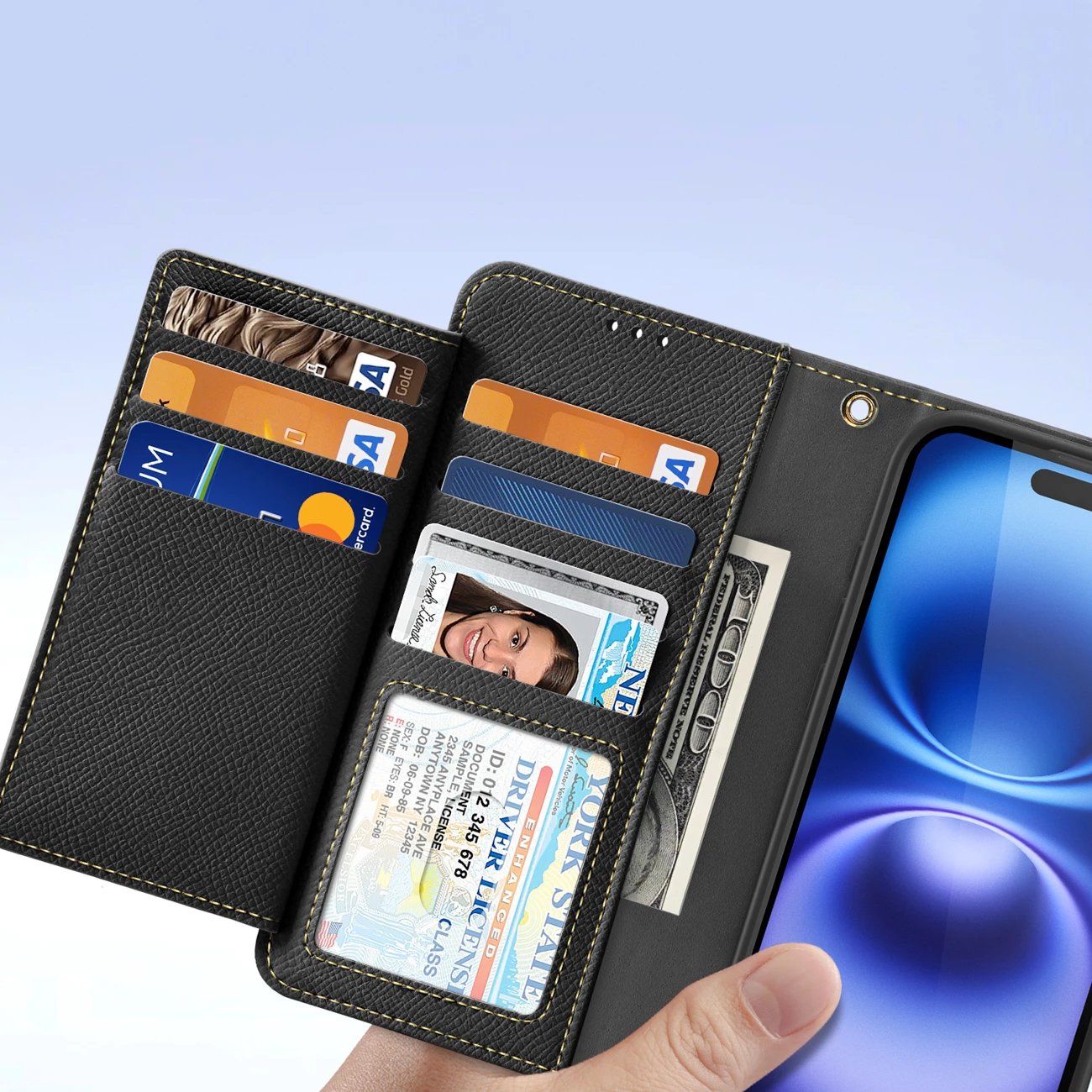 Mbështjellës Dux Ducis Lawa për iPhone 16, me portofol magnetik, lëkurë, e zezë