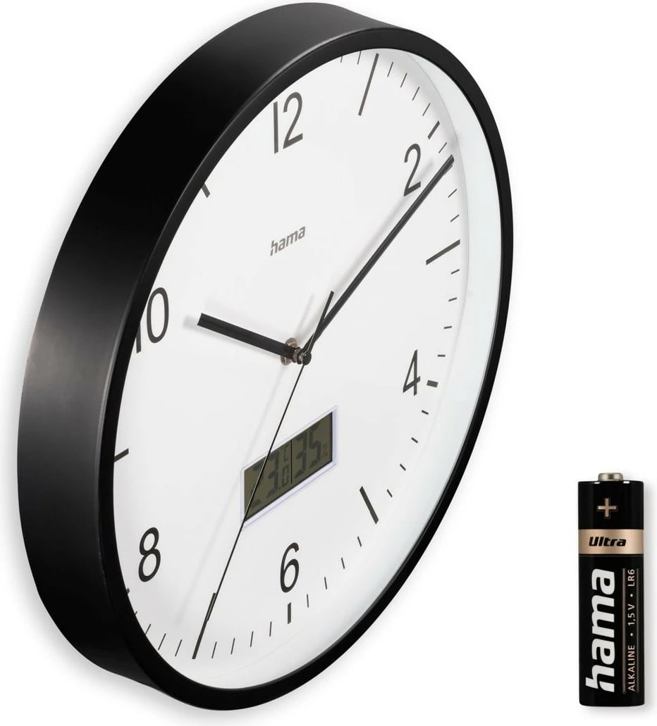 Orë muri, Hama, 185887, 30 cm, radio-kontroll DCF, mekanizëm i qetë, higrometër/termometër, xham, AA, e zezë/e bardhë