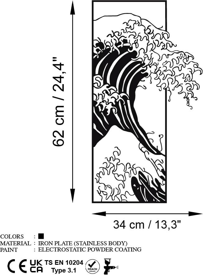 Aksesor dekorativ metalik për mur, Waves 3, ngjyrë e zezë, 34x62cm