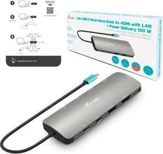 Kasë dokimi i-tec C31NANOHDM2DOCPD, 2x HDMI, USB-C, 100W, Metal, E zezë