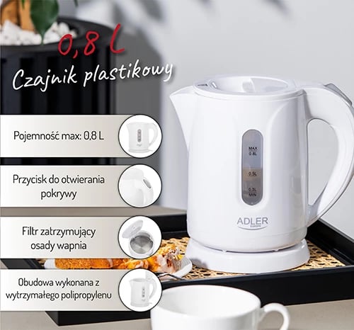 Çajnik elektrik Adler AD 1371 0.8 L 850 W plastik i bardhë