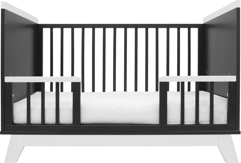 Krevat bebe, New Baby, Marcus 120x60 cm, kornizë pishe, 3 nivele të bazës, barrierë sigurie, funksion divani, grafit/bardhë