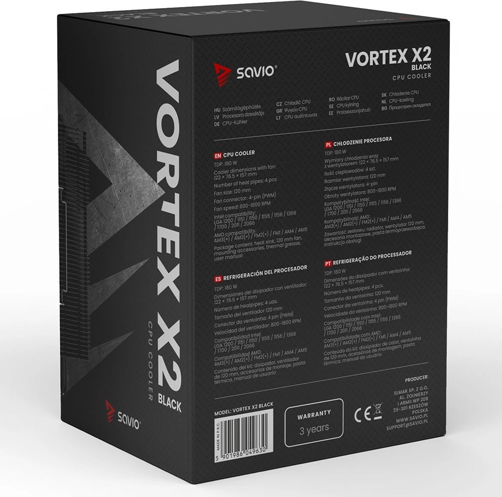 Ftohës procesori Savio Vortex X2 Black, 120 mm, 4-pin, për Intel/AMD, i zi Ftohës procesori Savio Vortex X2 Black, 120 mm, 4-pin, për Intel/AMD, i zi
