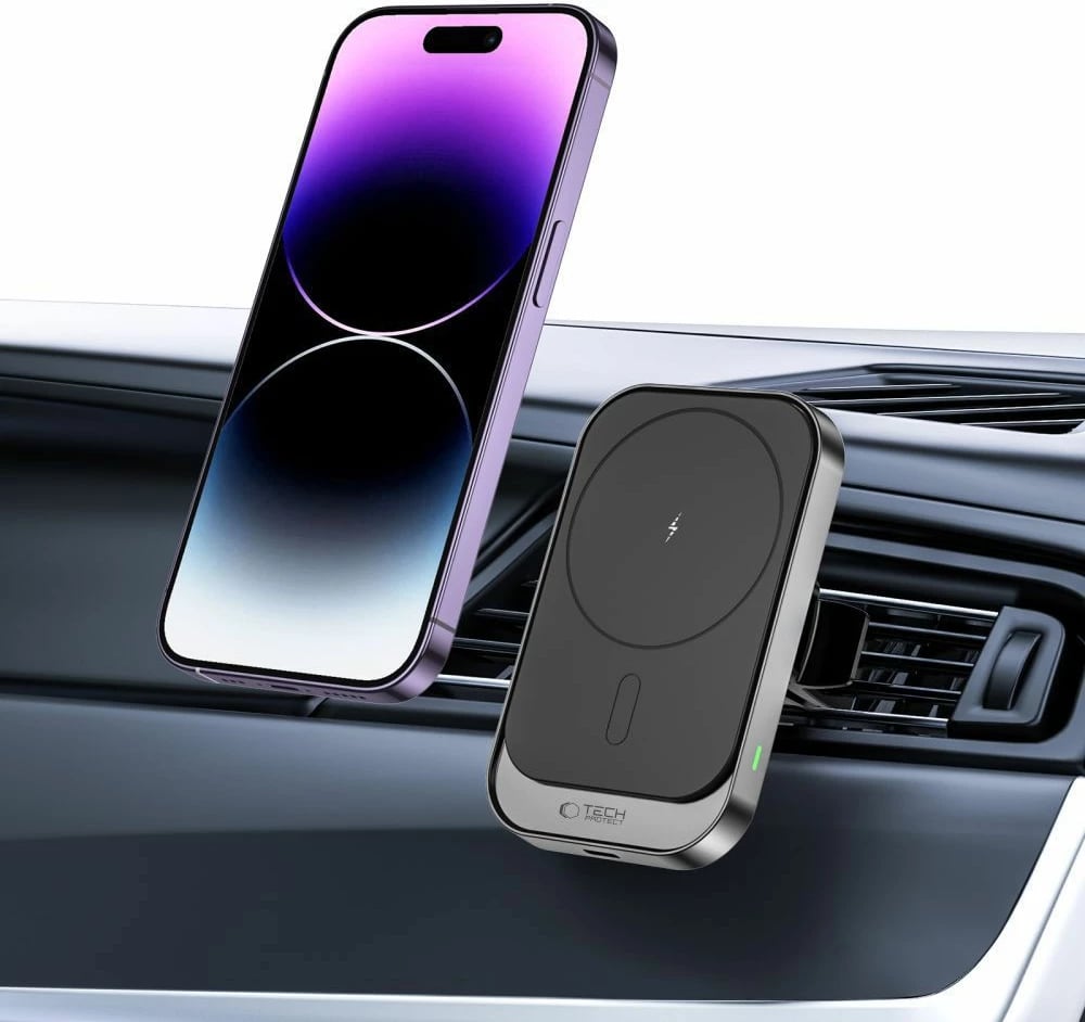 Mbajtës magnetik për veturë me karikues wireless Tech-Protect CW19, 15W, i zi