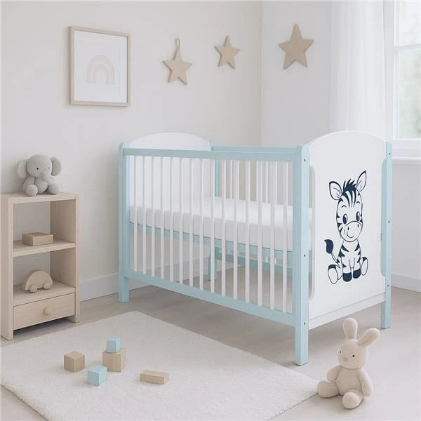 krevat bebe, New Baby, ELSA Zebra, 120x60 cm, dru pishe, 3 nivele, 3 shufra të heqshme, bardhë dhe mint