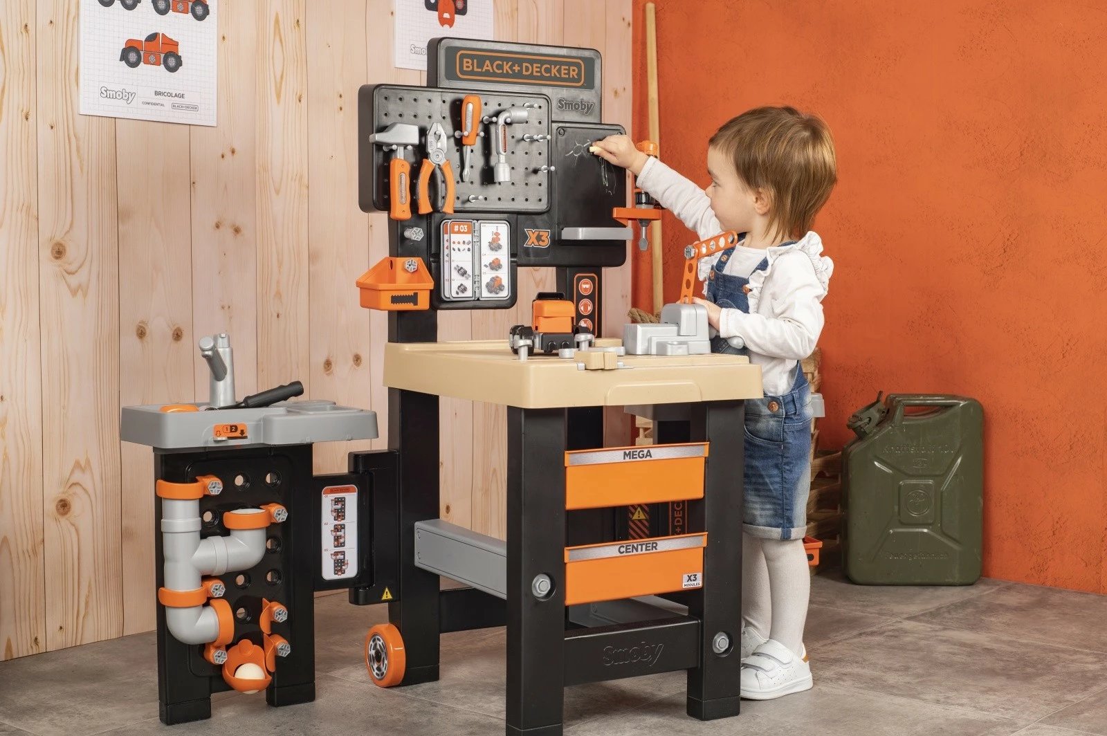 Set lodrash punëtori Smoby Black+Decker Mega Workshop 3-në-1, 100 aksesorë, për fëmijë, e zezë/portokalli/gri/druri