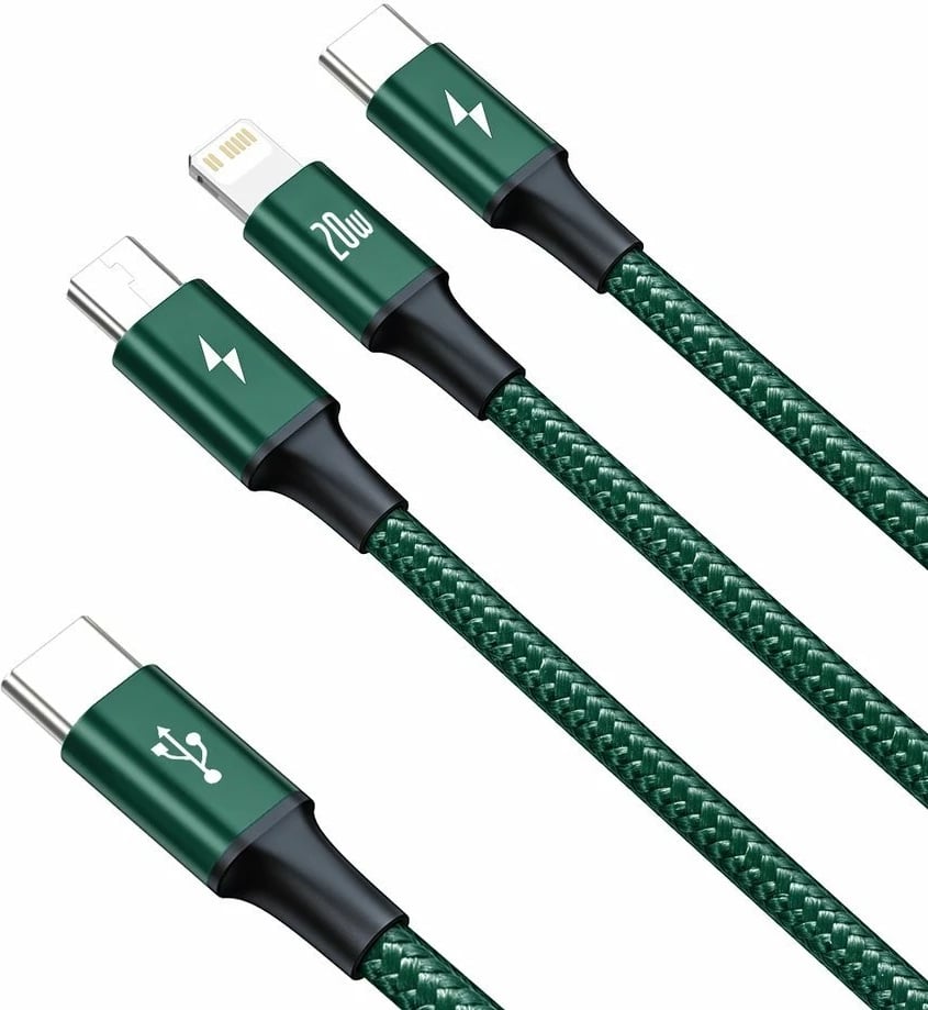 Kabllo 3-në-1 Baseus Rapid Series CAMLT-SC06, 1.5m, 20W, USB-C/Lightning/micro USB, e gjelbër Kabllo 3-në-1 Baseus Rapid Series CAMLT-SC06, 1.5m, 20W, USB-C/Lightning/micro USB, e gjelbër