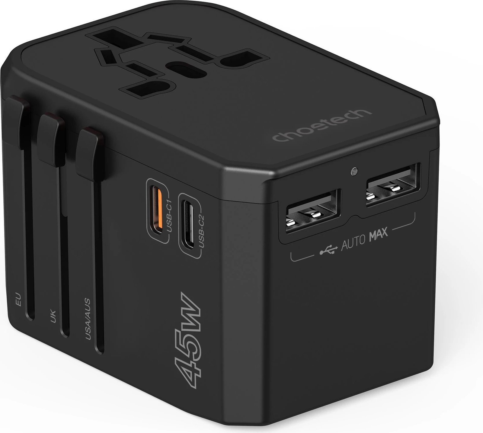 Karikues udhëtimi Choetech PD6045, 45W, 2x USB-C, 2x USB-A, GaN, 4 priza, zi