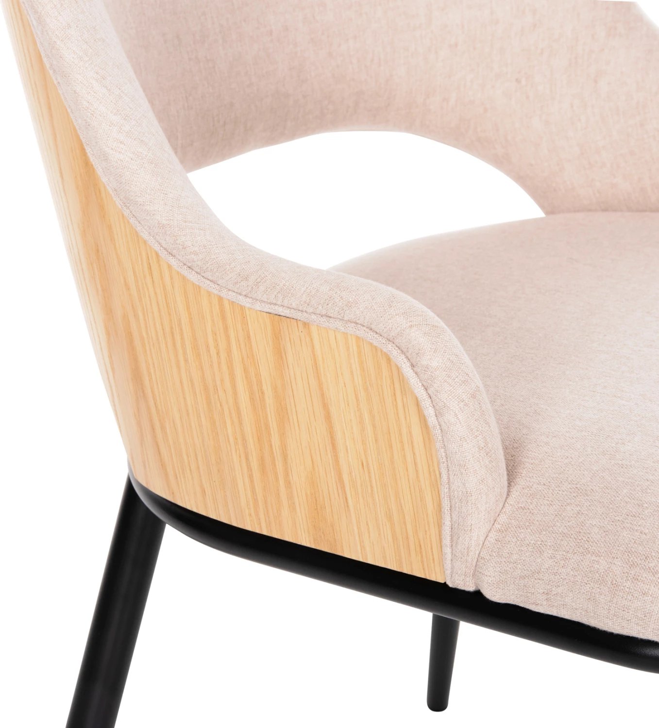 Karrige ngrënieje DELF FH9617.02, pëlhurë bezhë, këmbë metali të zeza, shpinë druri ngjyrë lisi, 48x55x76 cm, set prej 2 copë