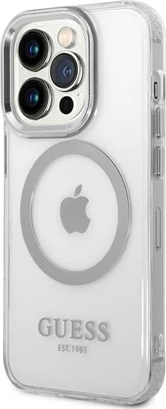 Mbështjellës Guess Metal Outline Magsafe për iPhone 14 Pro Max 6.7", argjendtë/transparente