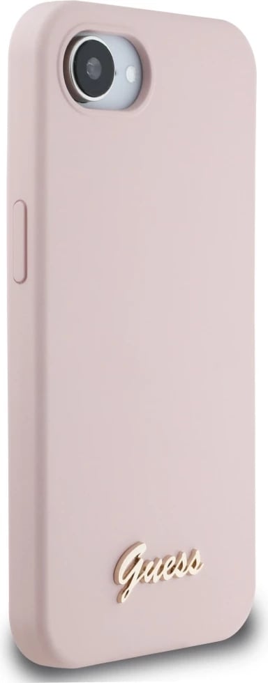 Mbështjellës Guess Silicone Script Metal Logo MagSafe për iPhone 16e, Rozë