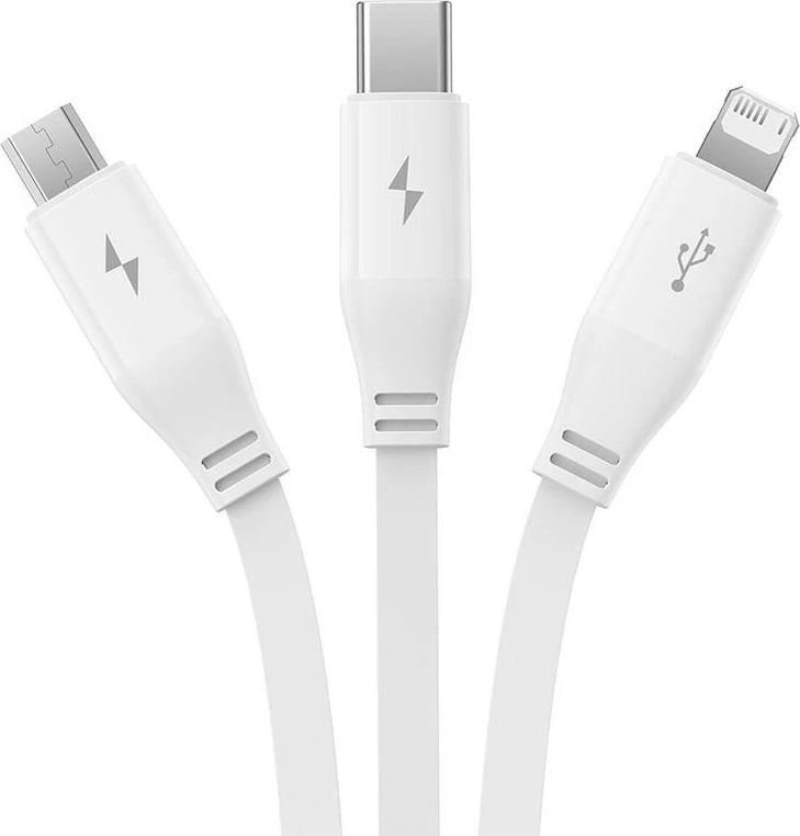 Kabllo karikimi 3-në-1 Baseus P10362900211-00, USB në USB-C, micro USB, Lightning, 1.1m, e bardhë