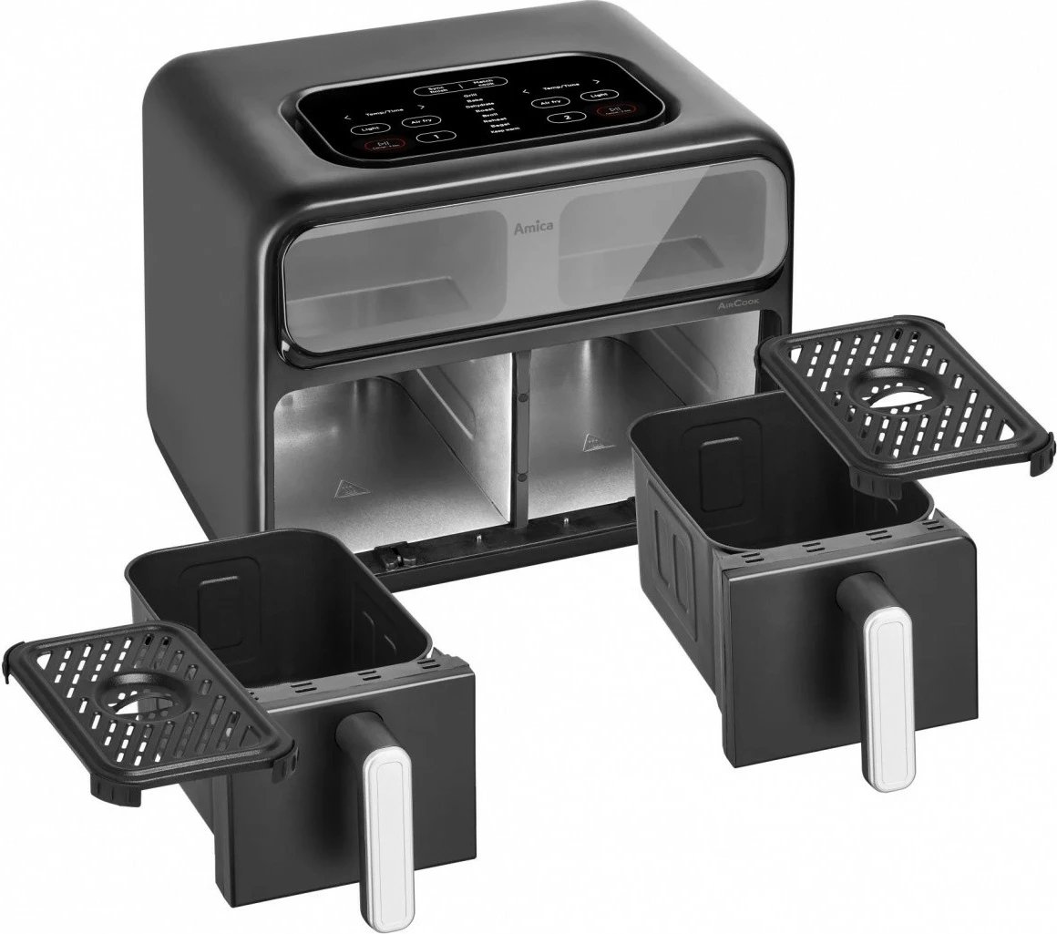 Fritezë me ajër, Amica, AFM 7020, me dy dhoma, 8 L, 2400 W, panel me prekje, dritare vëzhgimi, e zezë
