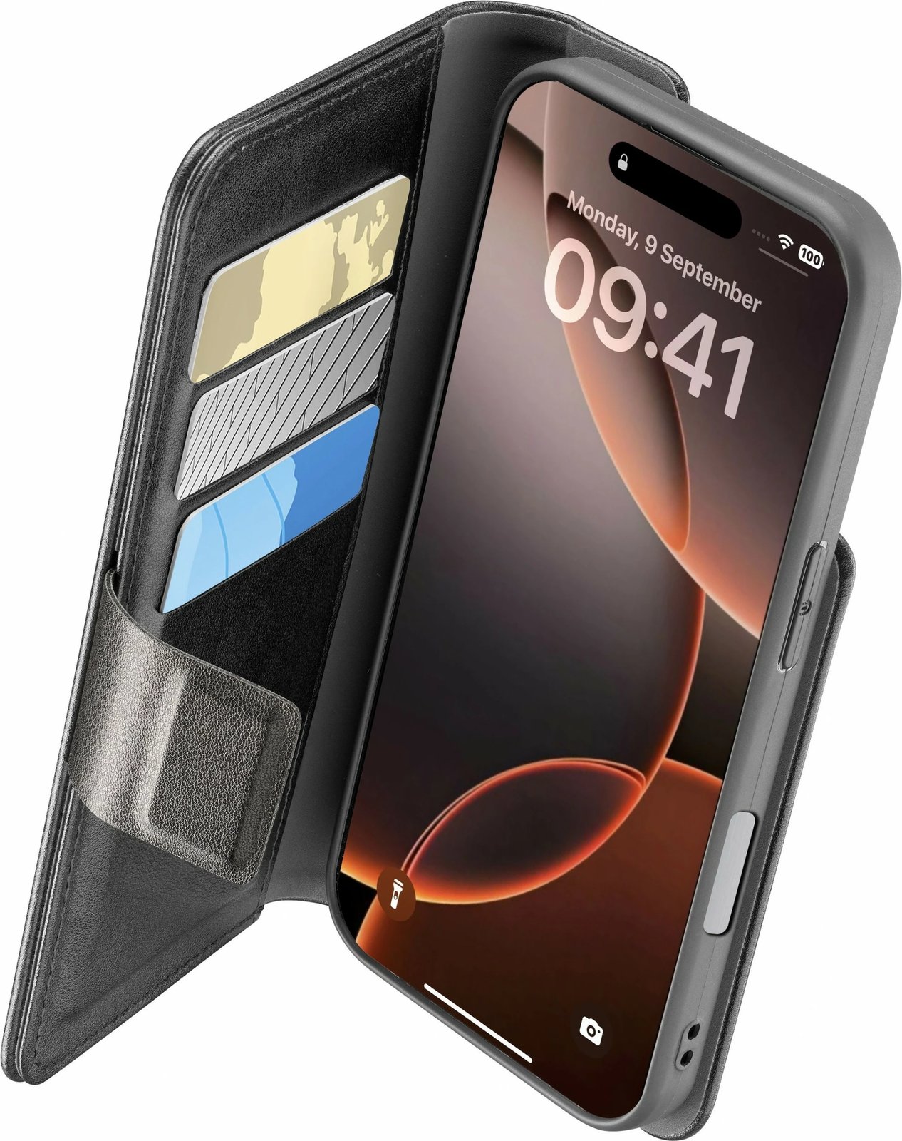 Mbështjellës folio Cellular Line Book Agenda 2 për iPhone 16 Pro, i zi