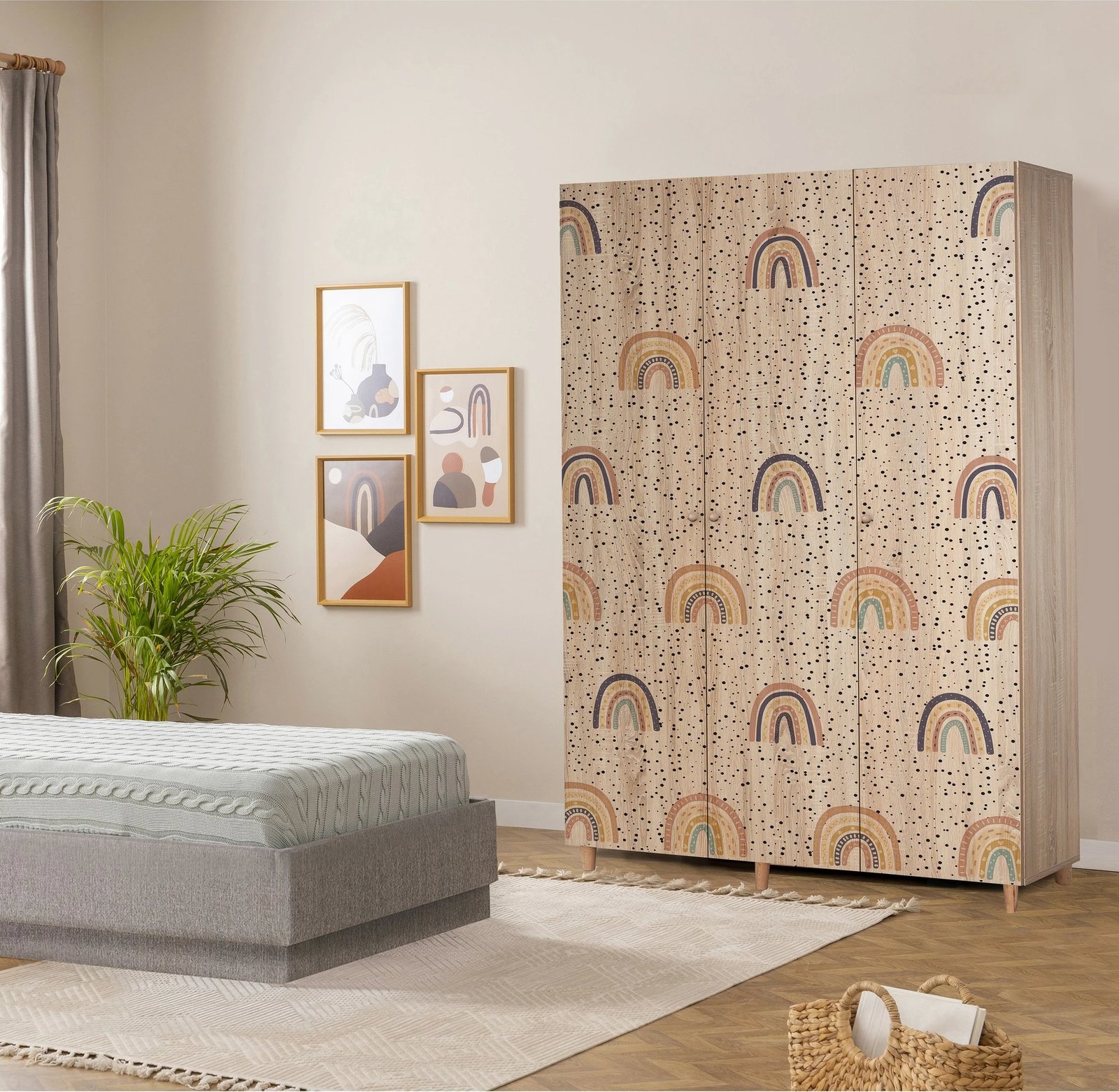 Dollap Lena 3, Skye Decor, ngjyrë sonomo, me motive ylberi, 135x192x52 cm