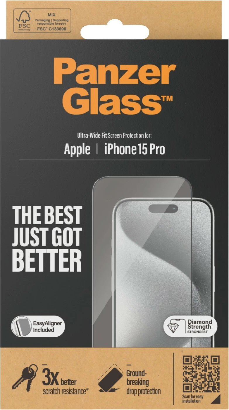 Mbrojtës ekrani PanzerGlass për iPhone 15 Pro, transparent, EasyAligner