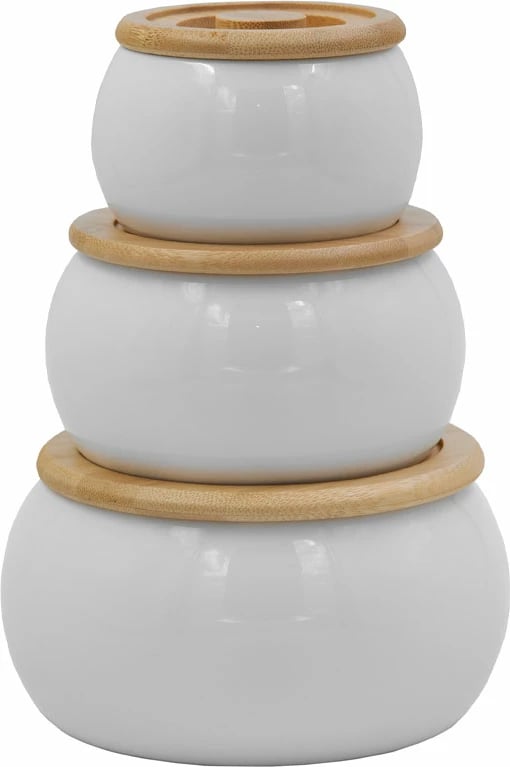 Set kavanozash për ruajtje, 3 copë, porcelan i bardhë, kapak bambuje, 16x16x23