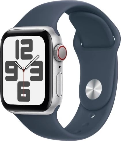 Ora inteligjente Apple Watch SE, GPS+Cellular, 44mm, alumini, argjendtë me rrip sportiv në blu stuhie